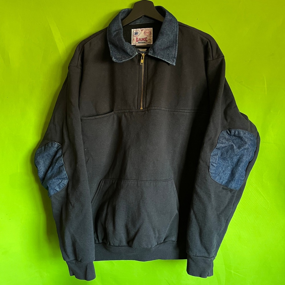 VTG Game Workwear Mens XL Quarter Zip Sweatshirt Black Denim Fire Dept Patches